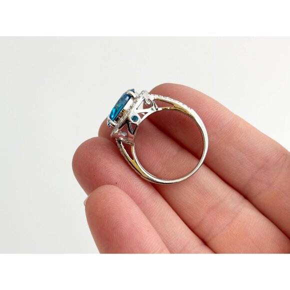 Blue Topaz Semi-Precious Round Cut Halo 925 Sterling Silver Vintage Ring - sz 8 - Picture 7 of 10
